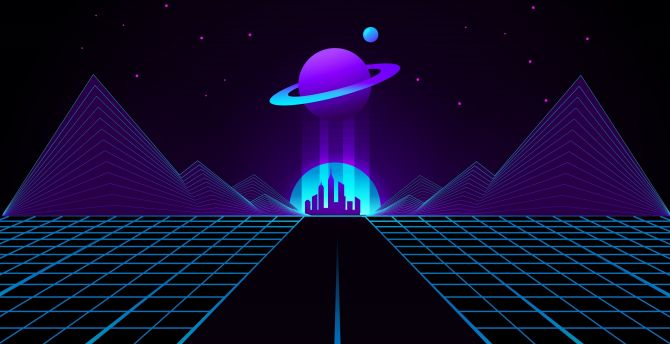 Wallpaper synthwave, moon, city 