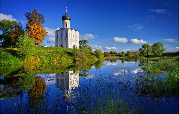 Обои трава, вода, река, церковь, храм 