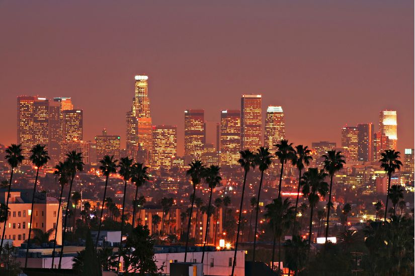 Dramatische Vollmond Über Los Angeles Skyline Bei Nacht 