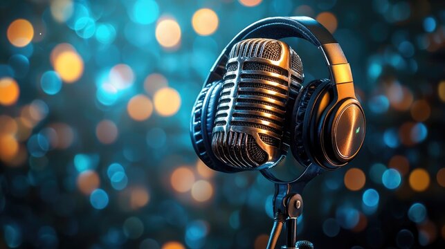 3D Render Microphone background wallpaper, colorful bokeh 